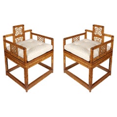 Vintage Pair of Square Chinese Bamboo Chairs With New Tufted Cushions