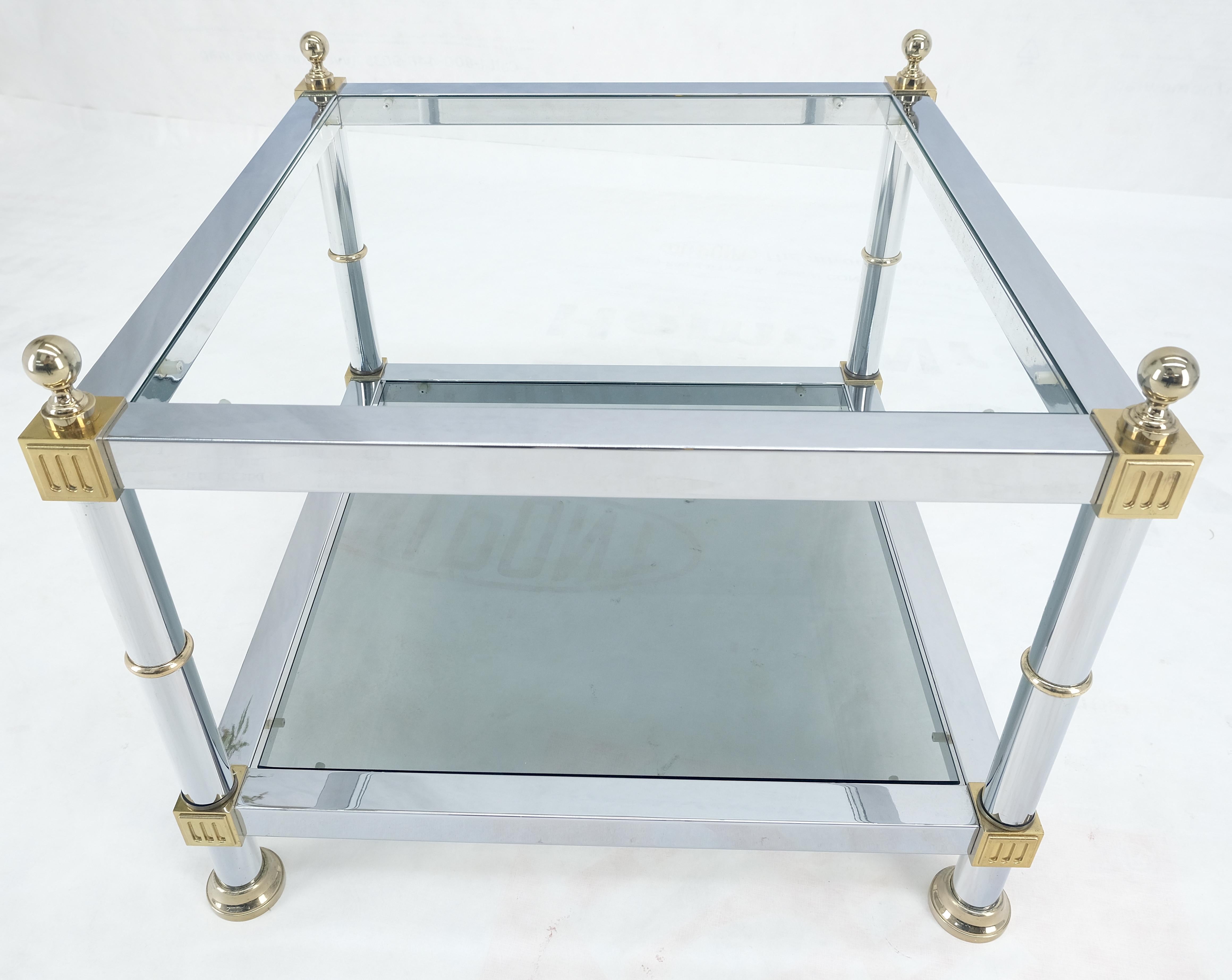 Pair of Square Chrome & Brass Smoked Glass Two Tier End Side Tables MINT!  For Sale 4
