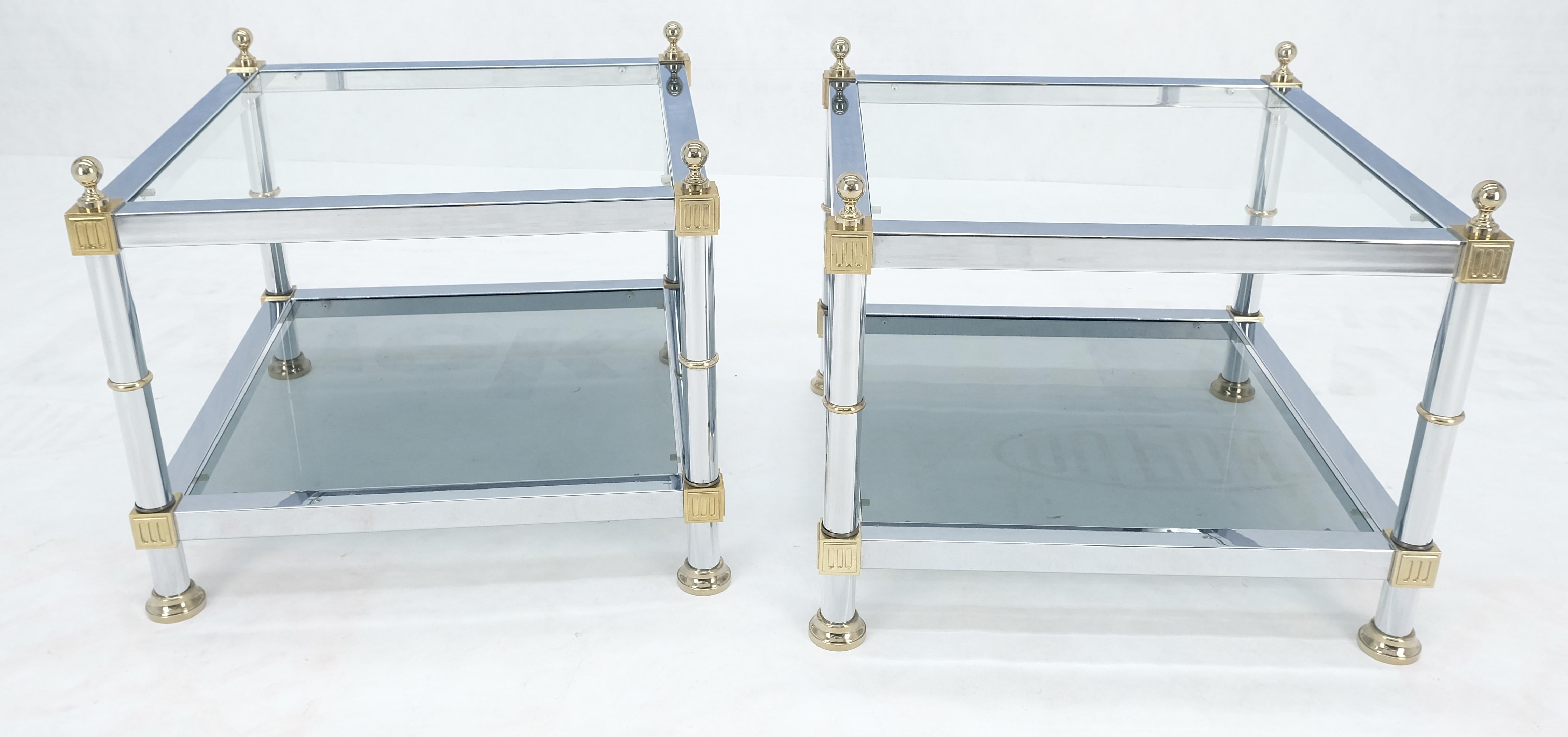 Mid-Century Modern Pair of Square Chrome & Brass Smoked Glass Two Tier End Side Tables MINT!  For Sale