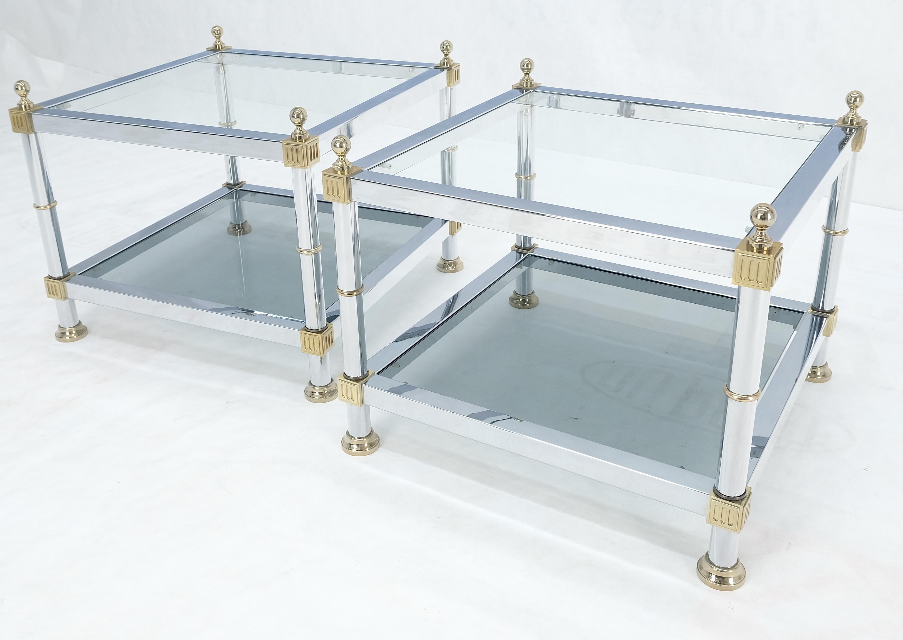 Lacquered Pair of Square Chrome & Brass Smoked Glass Two Tier End Side Tables MINT!  For Sale