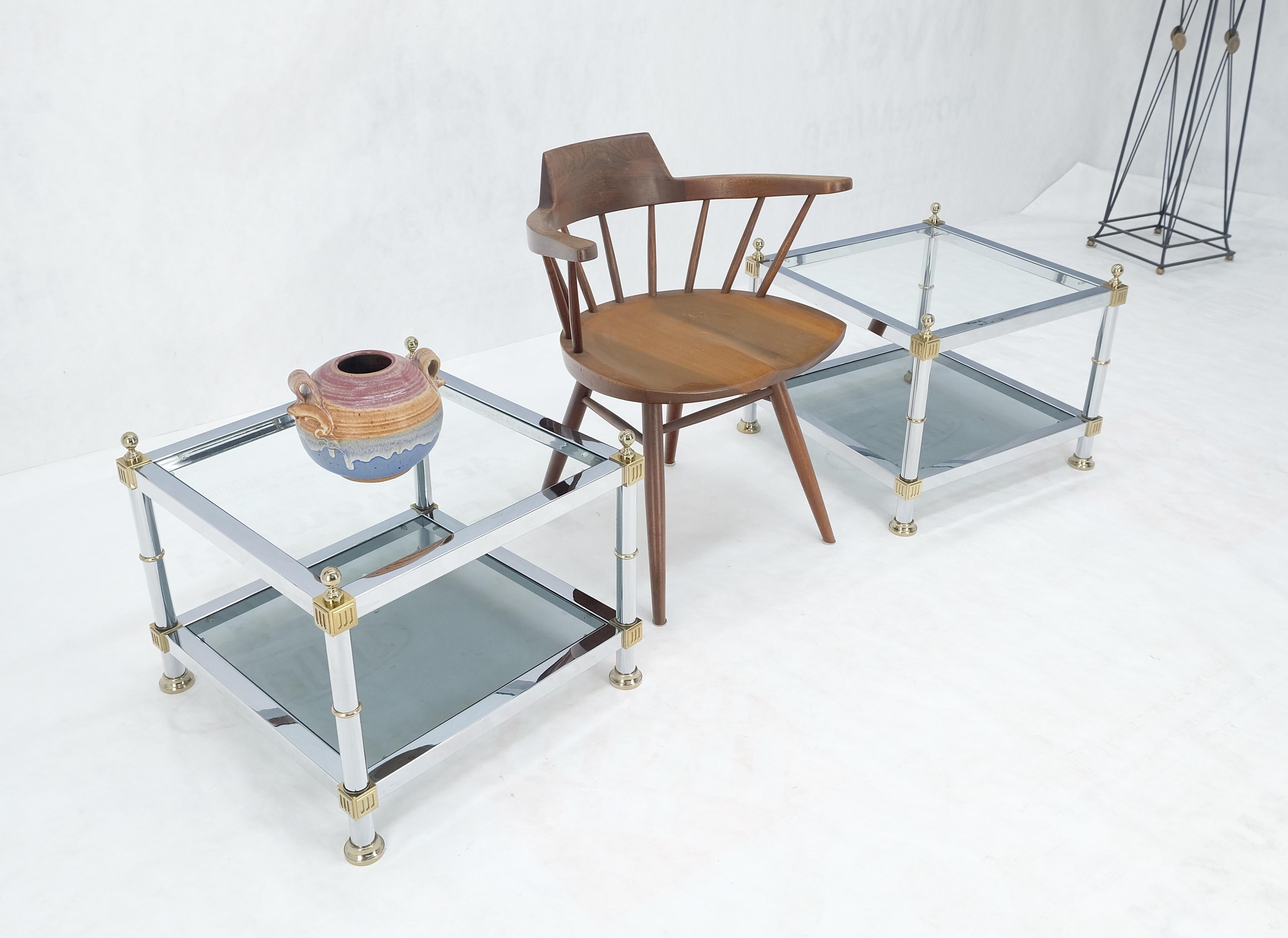 20th Century Pair of Square Chrome & Brass Smoked Glass Two Tier End Side Tables MINT!  For Sale
