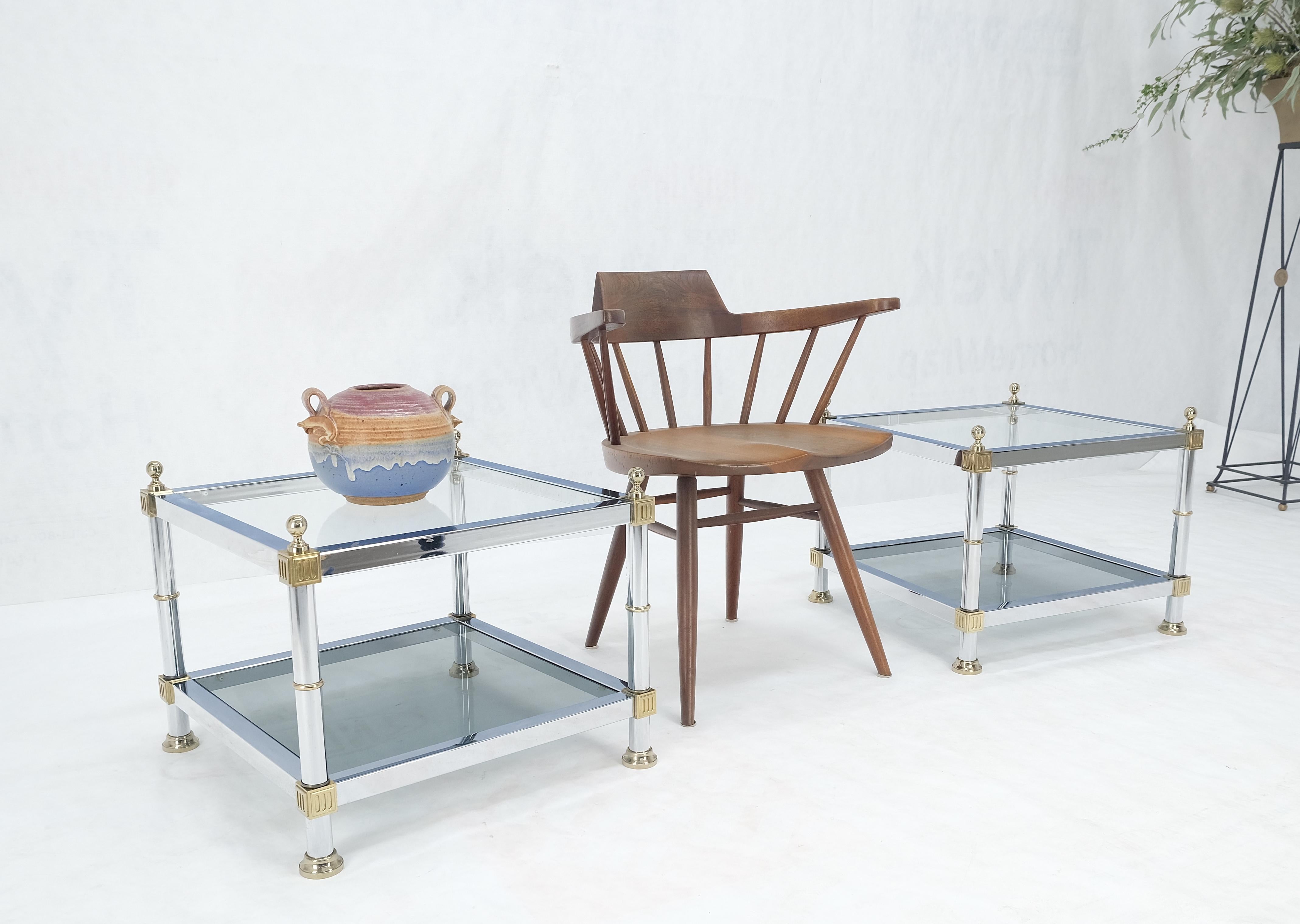 Pair of Square Chrome & Brass Smoked Glass Two Tier End Side Tables MINT!  For Sale 2