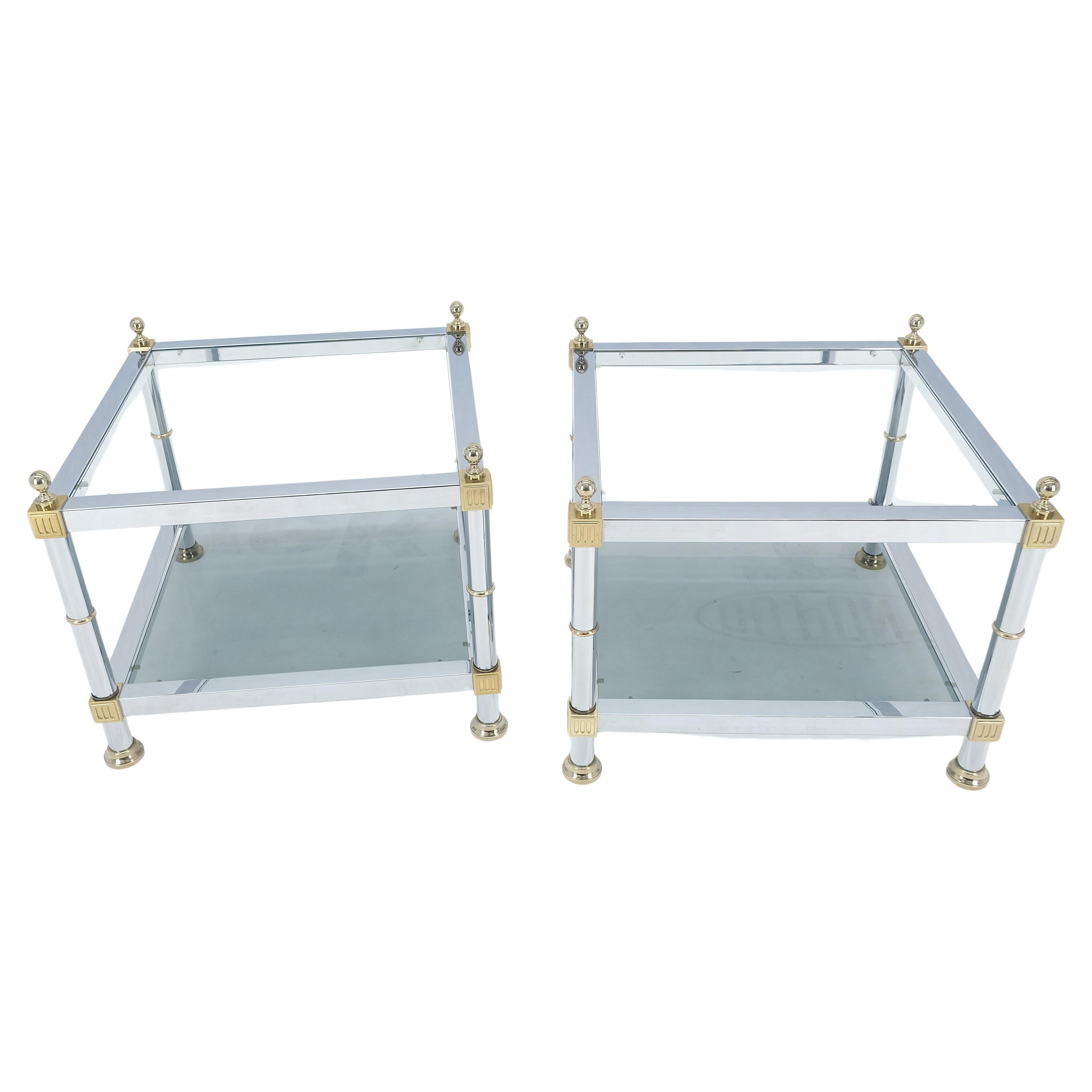 Pair of Square Chrome & Brass Smoked Glass Two Tier End Side Tables MINT!  For Sale
