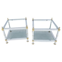 Vintage Pair of Square Chrome & Brass Smoked Glass Two Tier End Side Tables MINT! 