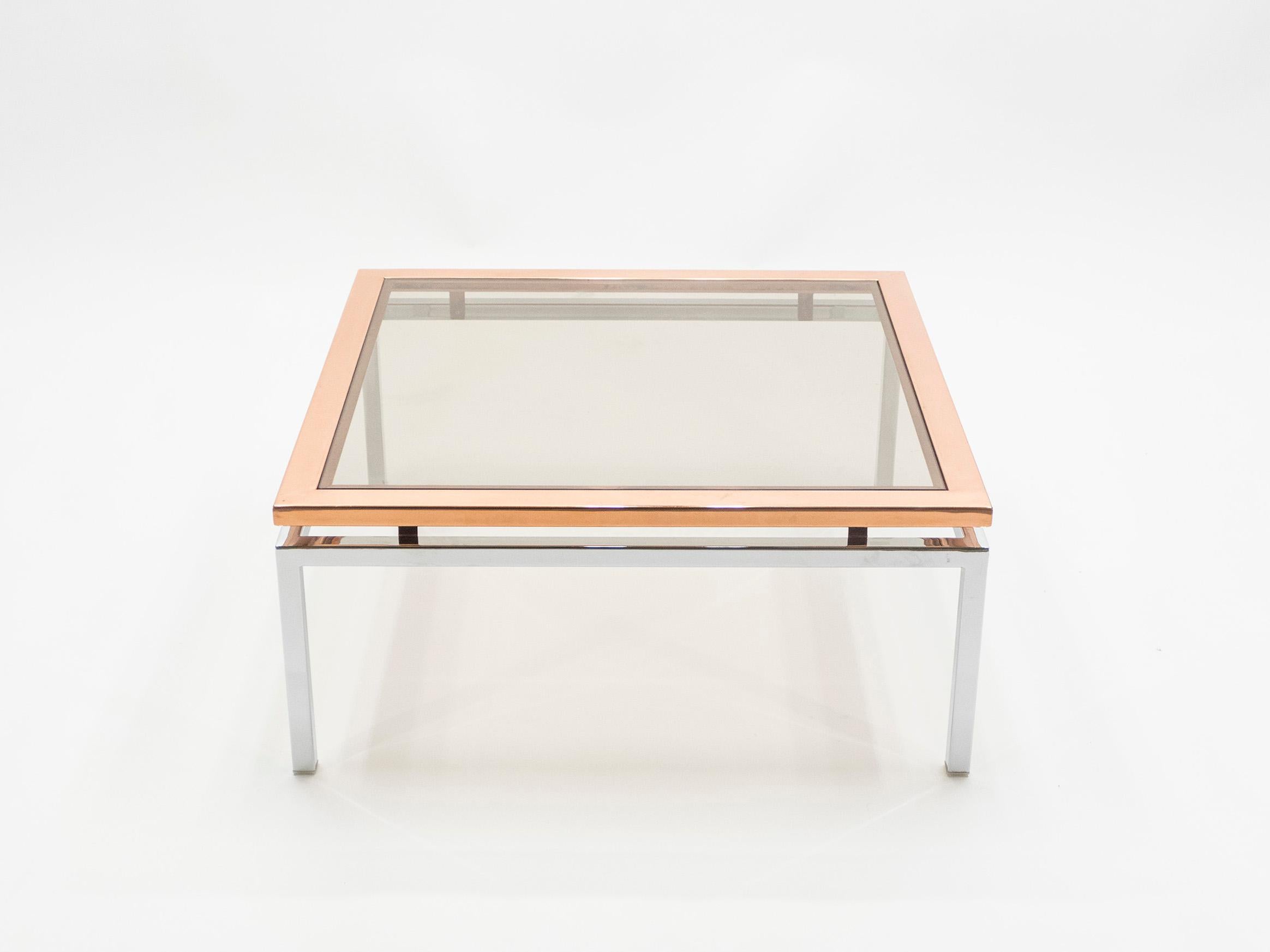 French Pair of Square Chrome Copper Coffee Tables Guy Lefevre for Maison Jansen, 1970s