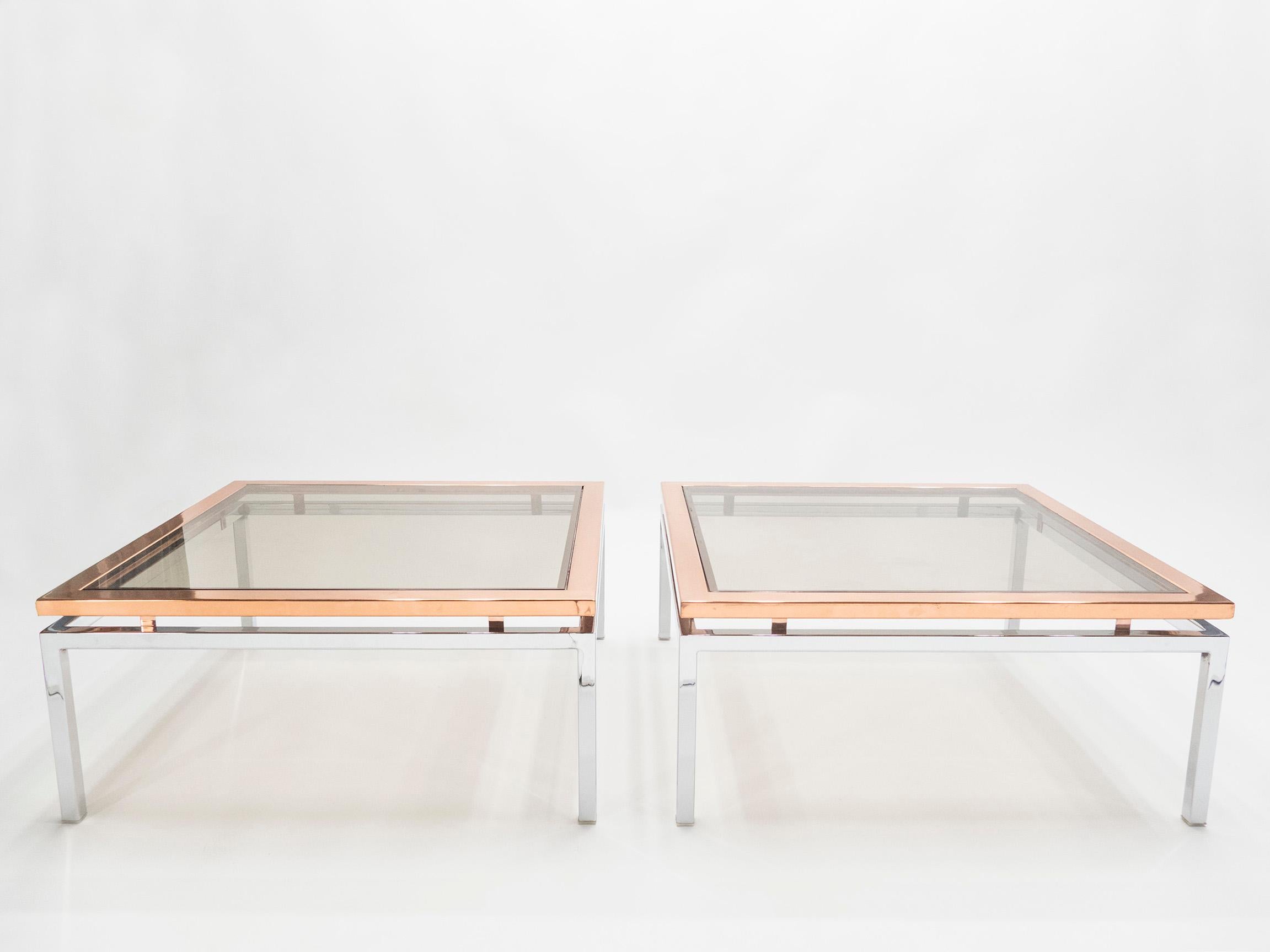 Pair of Square Chrome Copper Coffee Tables Guy Lefevre for Maison Jansen, 1970s In Good Condition In Paris, IDF