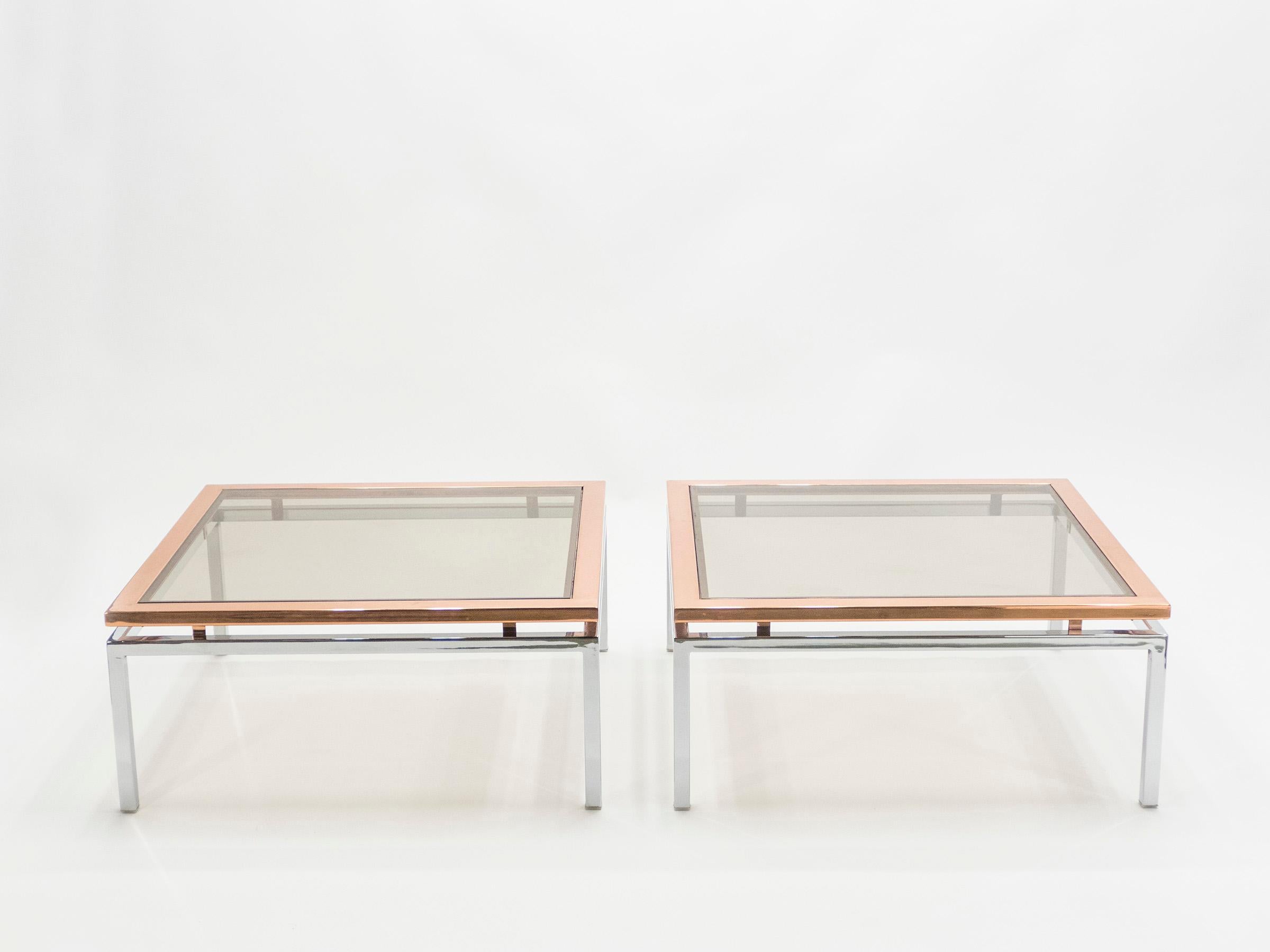 Late 20th Century Pair of Square Chrome Copper Coffee Tables Guy Lefevre for Maison Jansen, 1970s