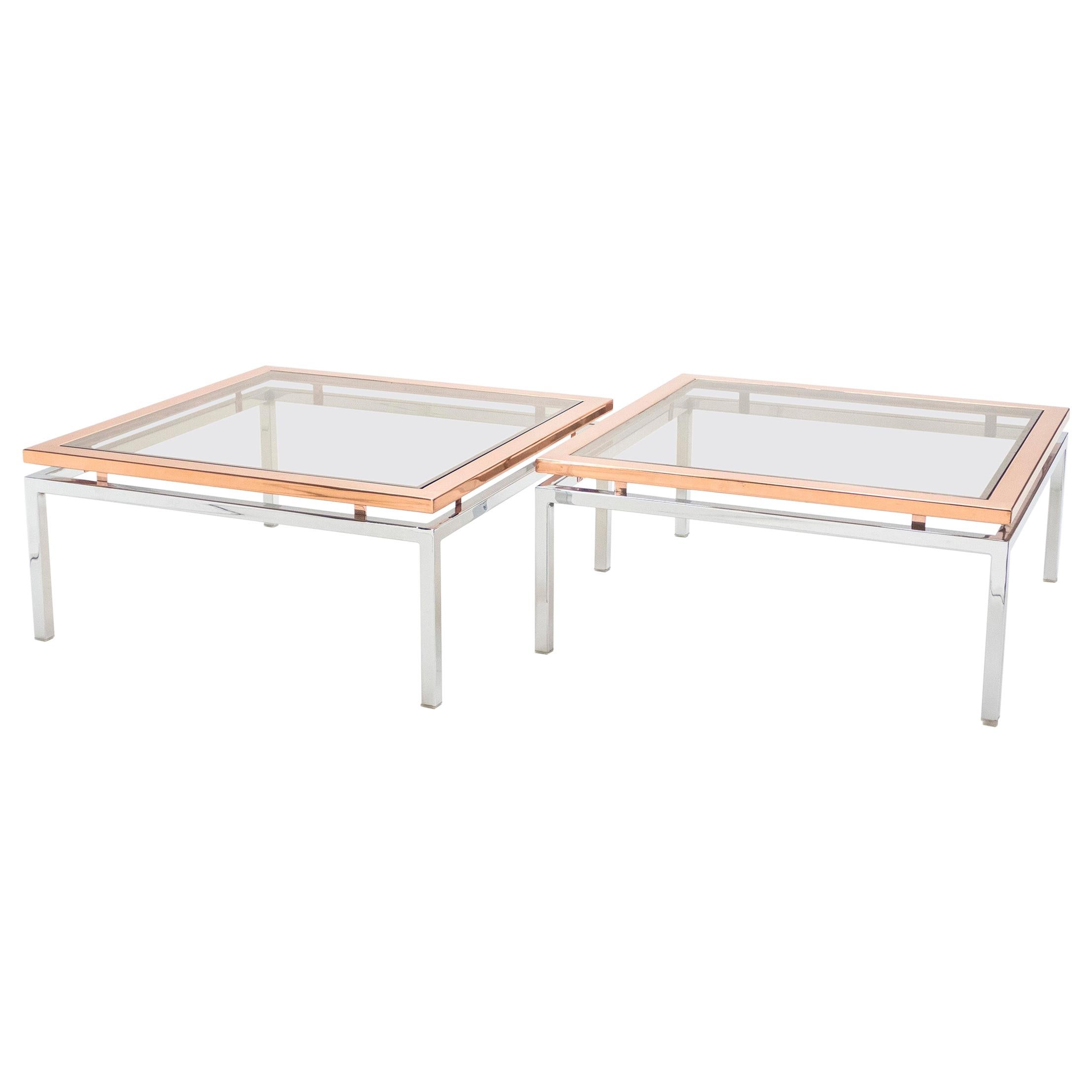 Pair of Square Chrome Copper Coffee Tables Guy Lefevre for Maison Jansen, 1970s