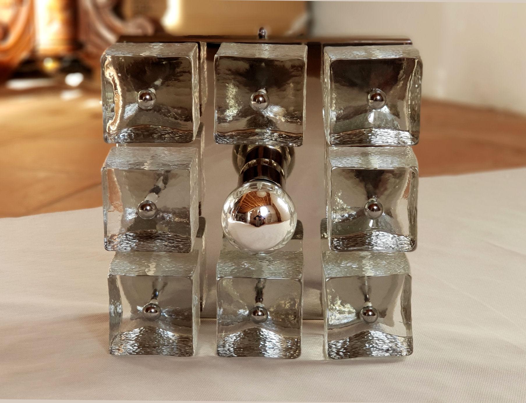 Late 20th Century Pair of Square Chrome/Glass Sconces or Flush Mount Lights, Mid-Century Modern