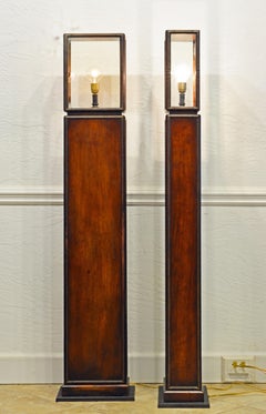 Pair of Square Colonial Campaign Style Brass Trimmed Solid Mahogany Floor Lamps