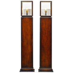 Vintage Pair of Square Colonial Campaign Style Brass Trimmed Solid Mahogany Floor Lamps