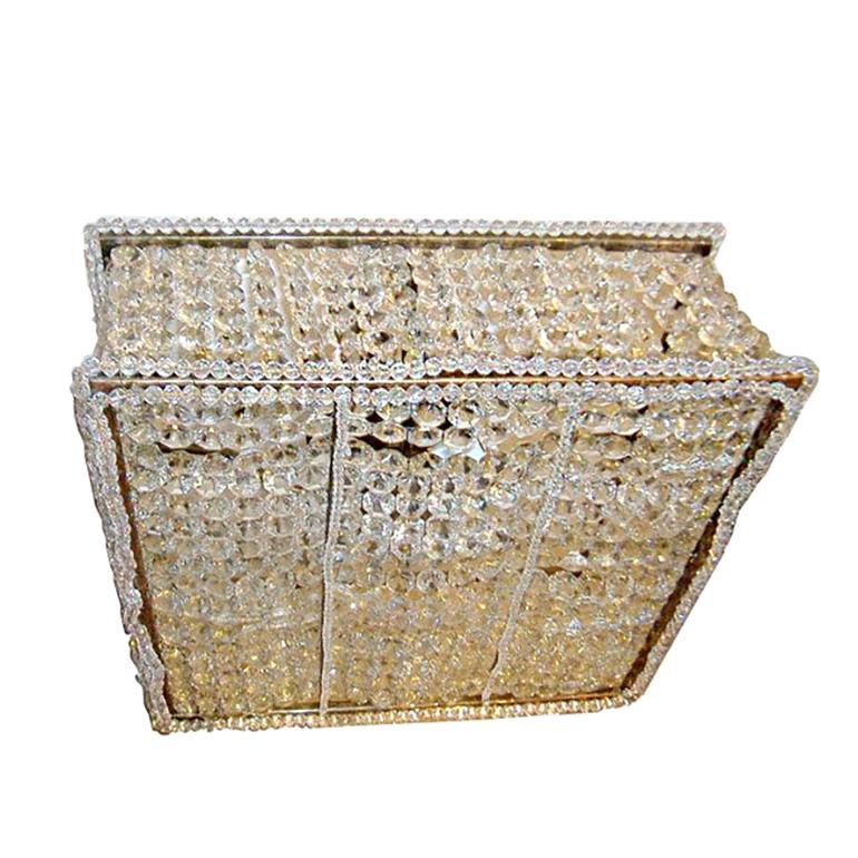 A set of five square French gilt metal and beaded crystal light fixtures. 4 Edison sockets each fixture. Sold individually.

Measurements:
Depth: 7
