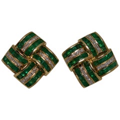 Pair of Square Diamond and Emerald 14 Karat Gold Earrings, 1960s
