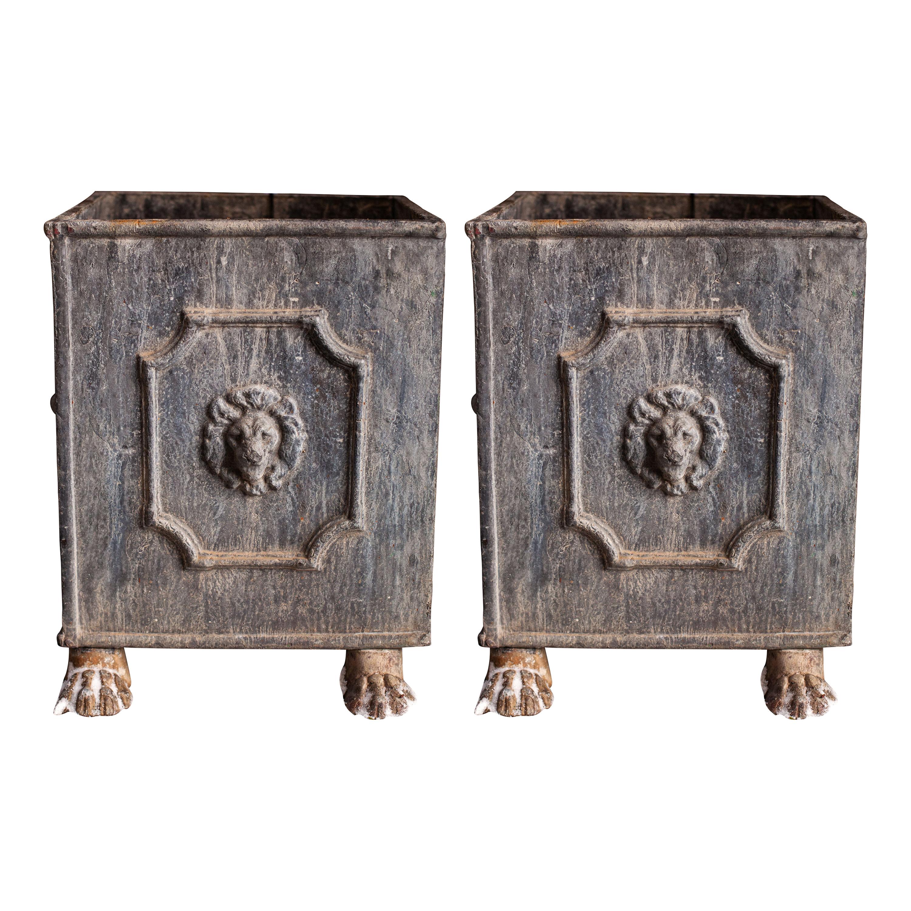 Pair of Square English Lead Lion Planters with Lion Feet at 1stDibs