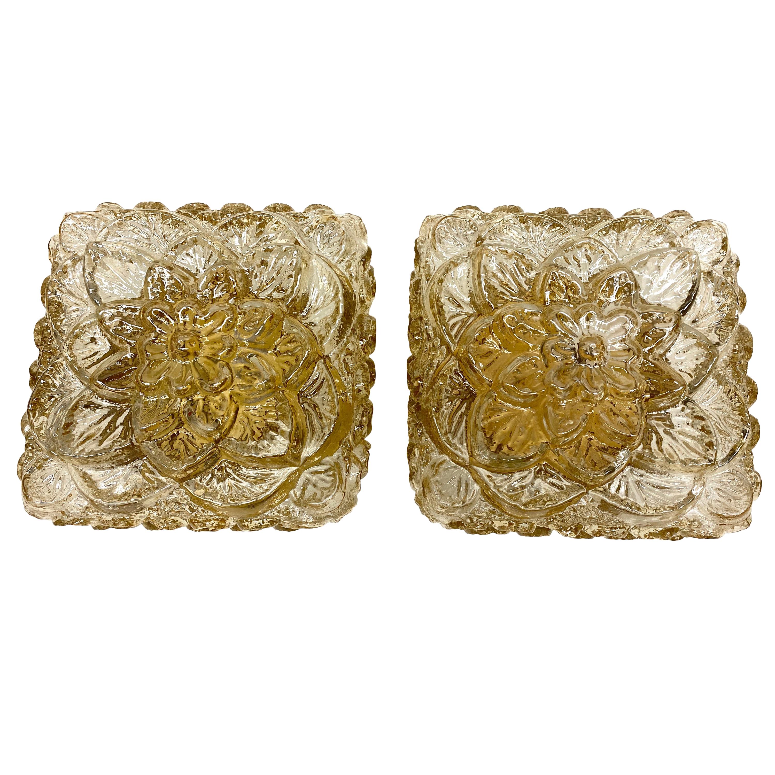 Pair of Square Flower Pattern Flush Mount Ceiling Light by RZB Leuchten, 1960s For Sale