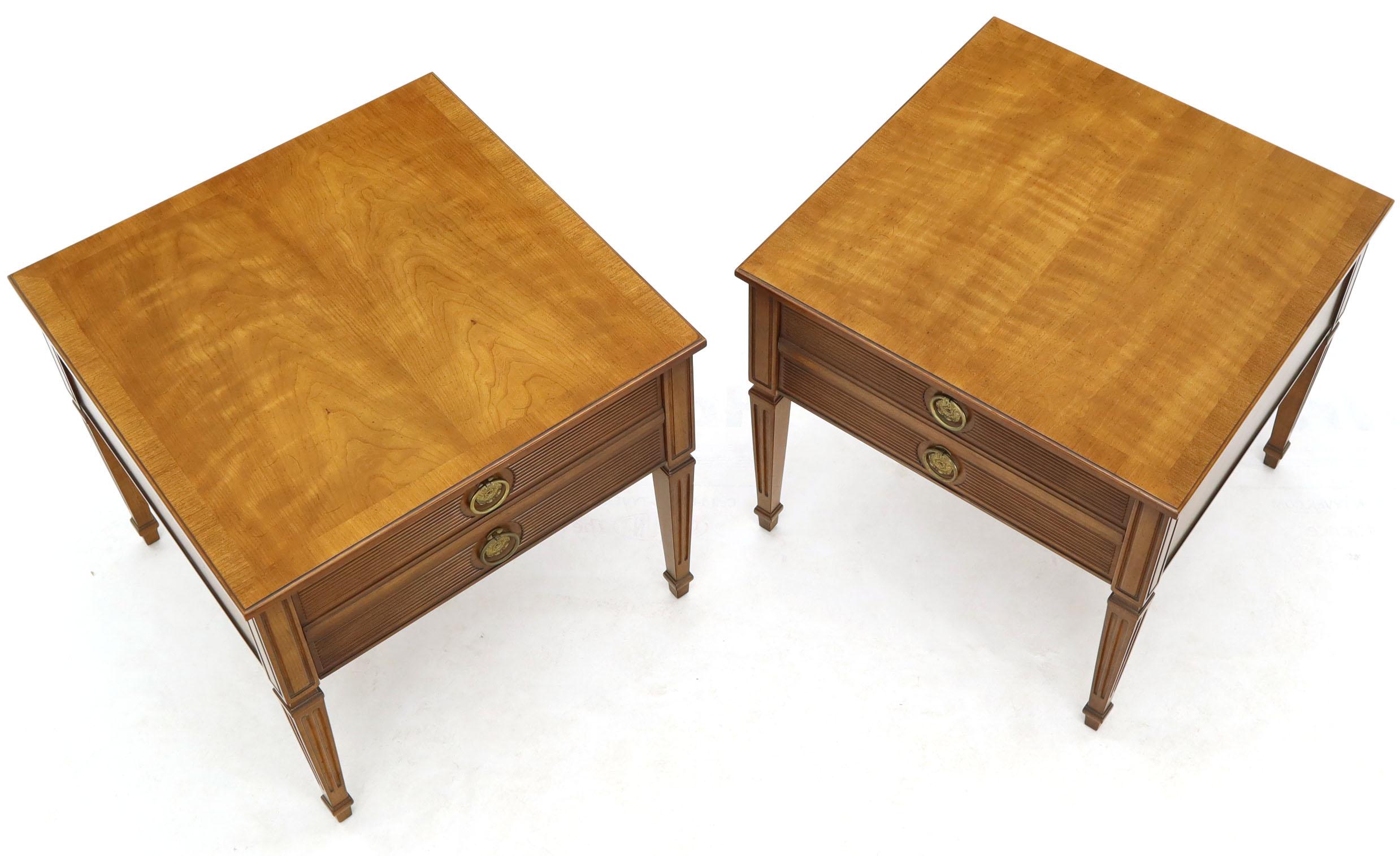 Pair of Square Fruitwood End lamp Tables with Brass Pulls by Henredon 7
