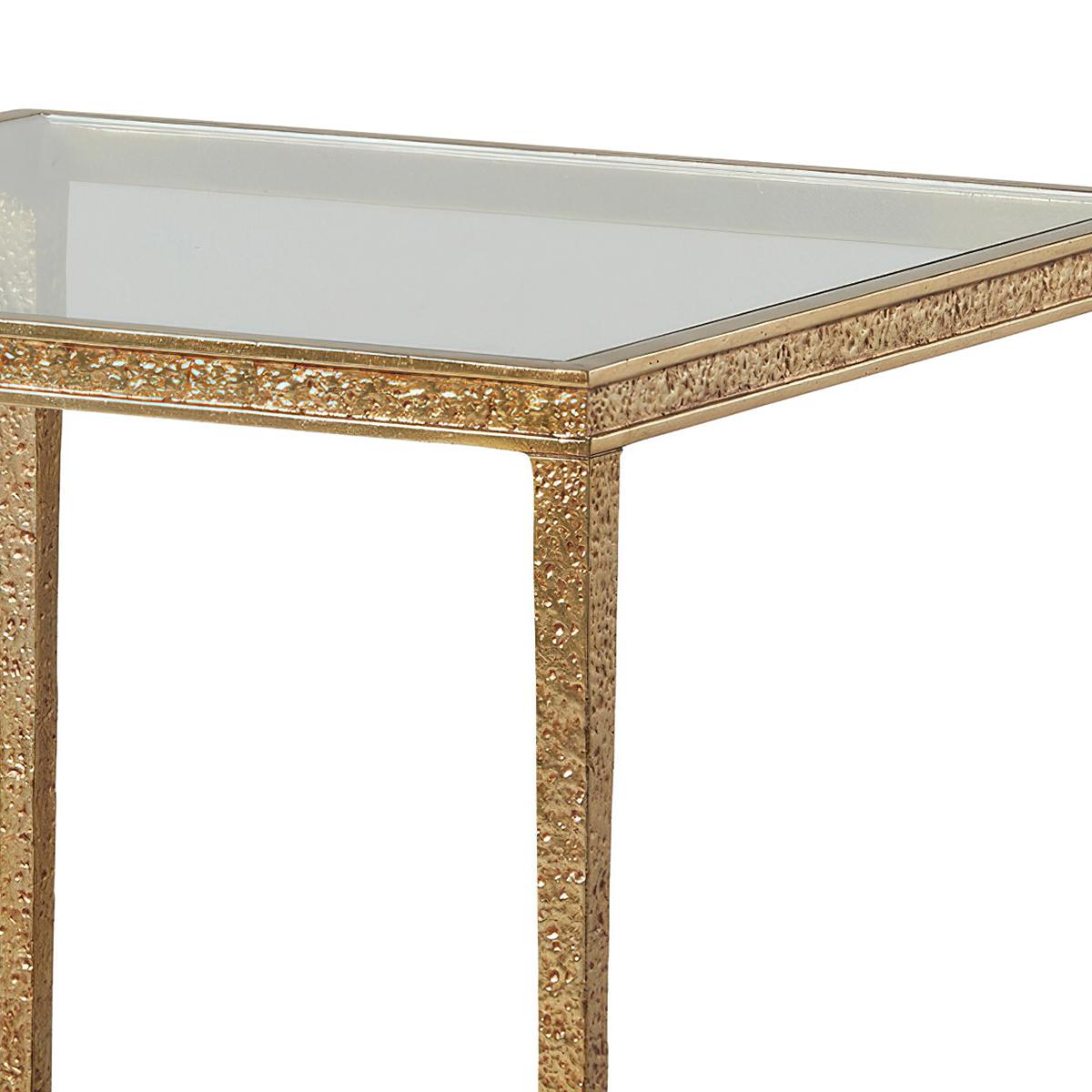 Bring a touch of elegance to your home with this Modern Square Gilt Textured End Table. Its unique texture appears to be Pointillism art, creating a one-of-a-kind look that will impress your guests. The brass frame and textured gold finish give the