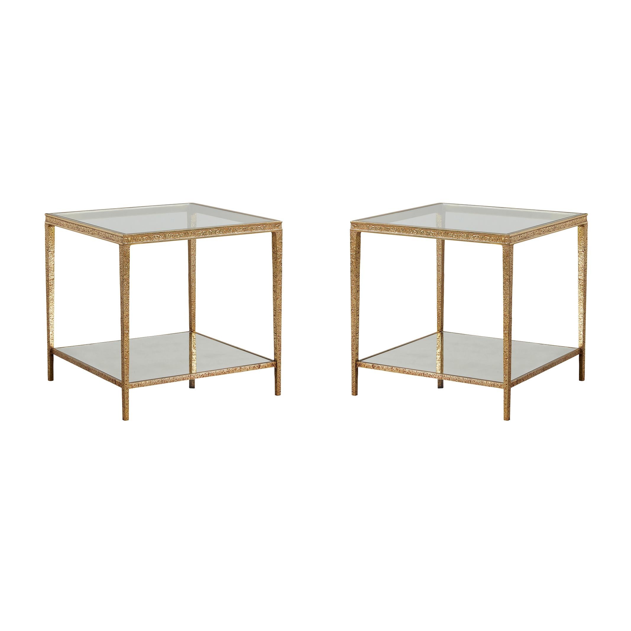 Pair of Square Gilt Textured End Tables For Sale