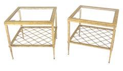 Pair of Square Glass Top Gold Gilt Metal Glass Top End Tables Stands MINT!