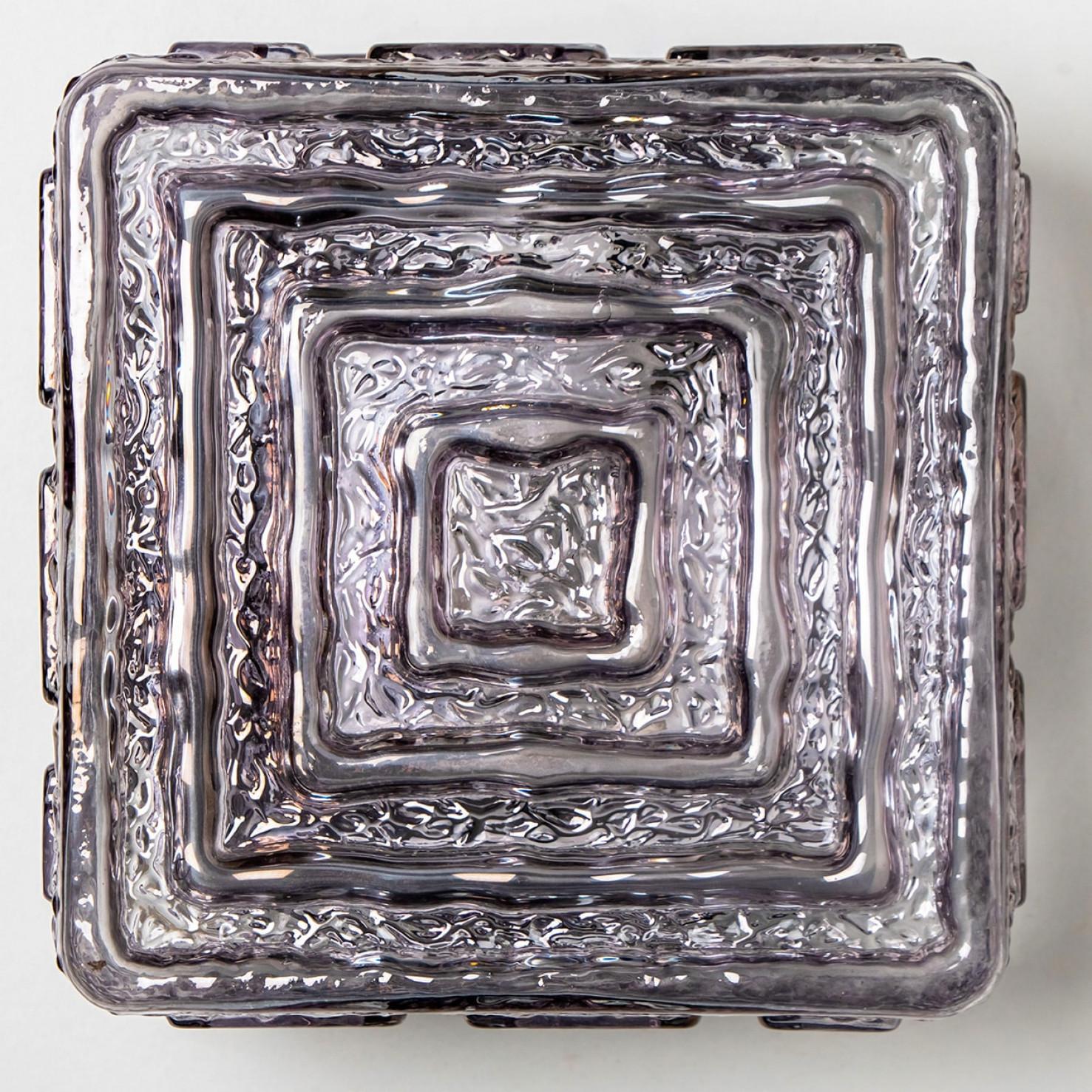 Danish Pair of Square Grey Smoked Glass Wall Lights Flush Mounts, 1970s For Sale