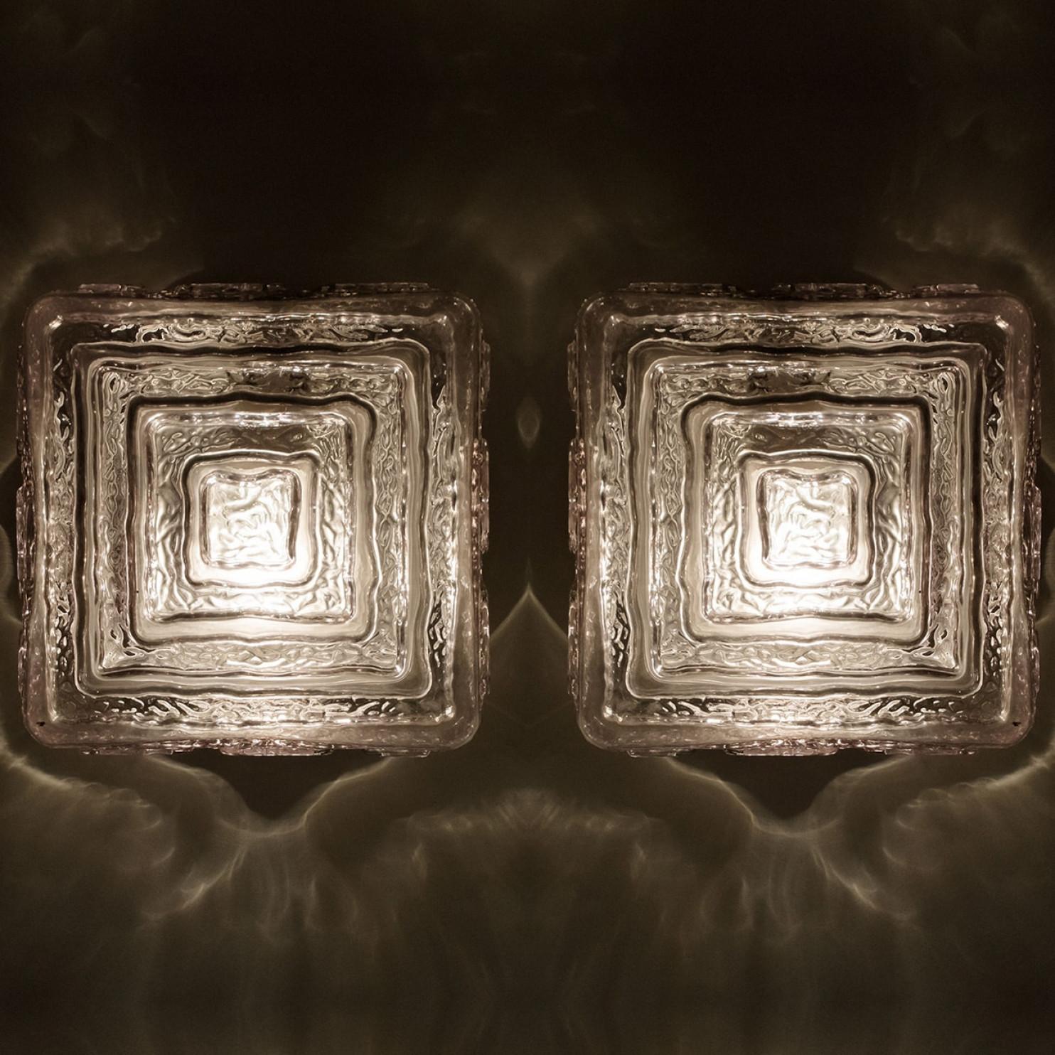 20th Century Pair of Square Grey Smoked Glass Wall Lights Flush Mounts, 1970s For Sale