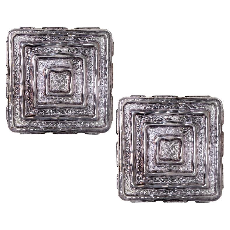Pair of Square Grey Smoked Glass Wall Lights Flush Mounts, 1970s For Sale