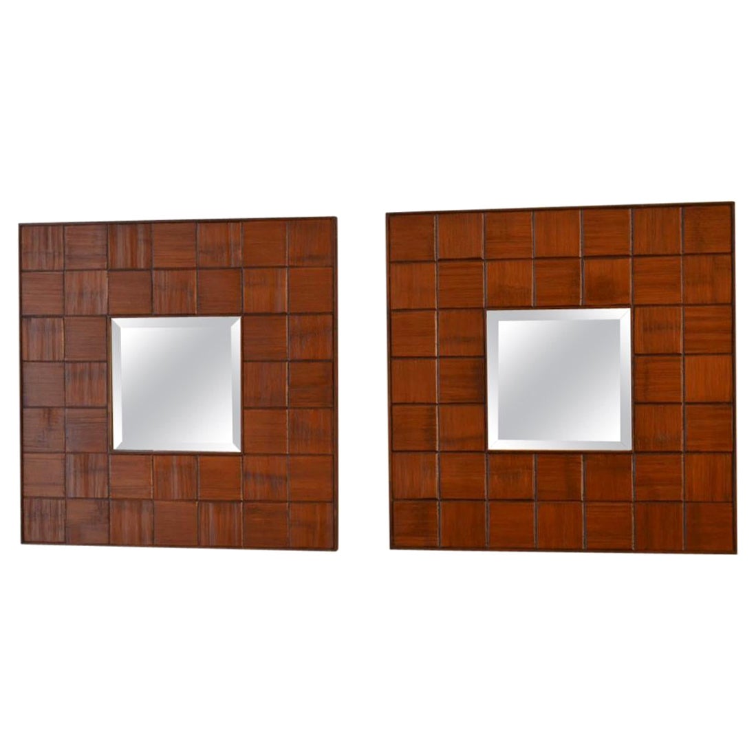 Pair of Square Hand Carved Walnut Relief Mirrors, 1960s Italy For Sale