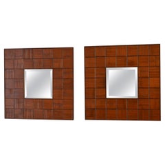 Pair of Square Hand Carved Walnut Relief Mirrors, 1960s Italy
