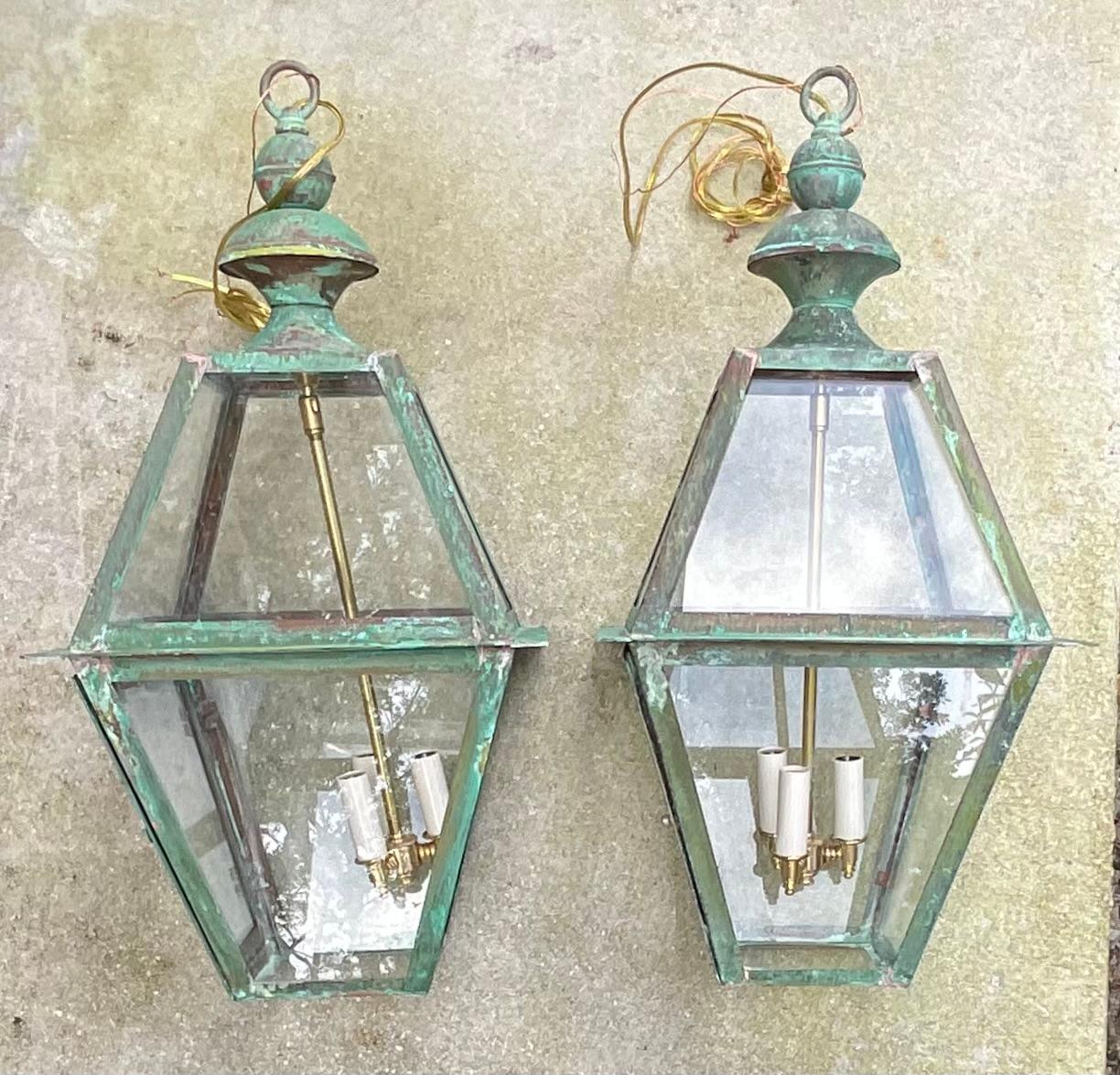Pair Of Square Handcrafted Copper Hanging Lanterns For Sale 3
