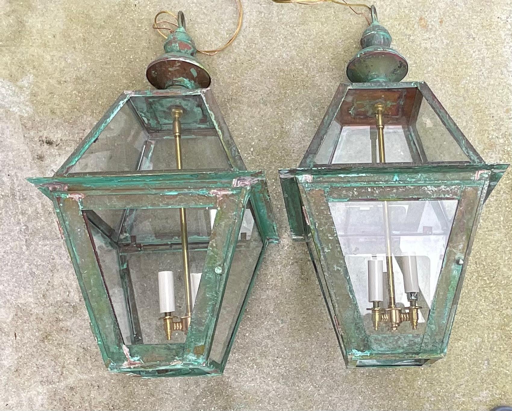 Pair Of Square Handcrafted Copper Hanging Lanterns For Sale 5