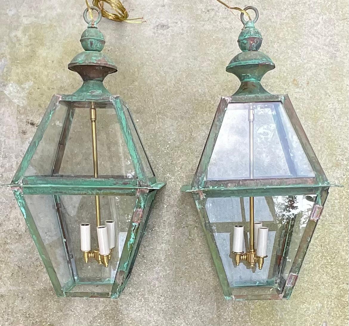 Contemporary Pair Of Square Handcrafted Copper Hanging Lanterns For Sale