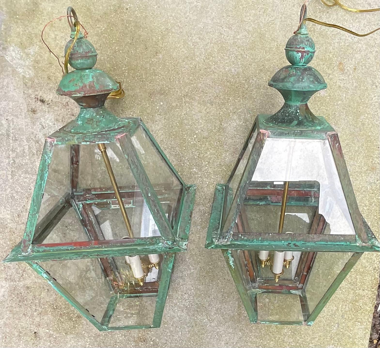 Brass Pair Of Square Handcrafted Copper Hanging Lanterns For Sale