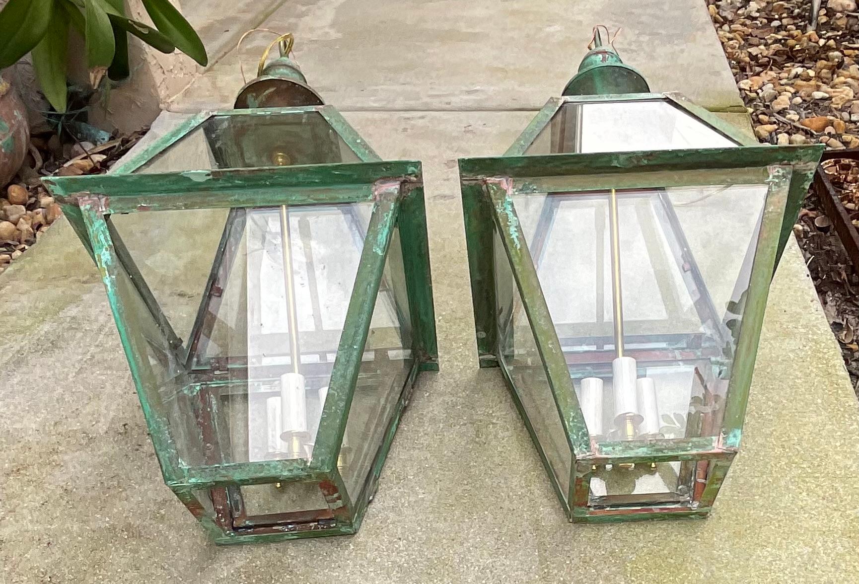 Pair Of Square Handcrafted Copper Hanging Lanterns For Sale 1