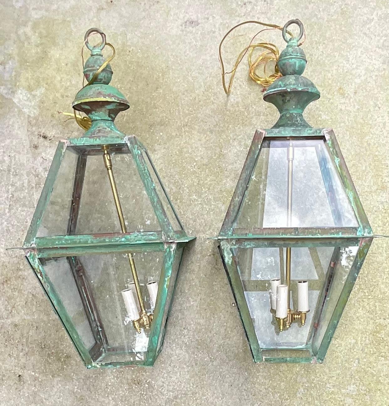 Pair Of Square Handcrafted Copper Hanging Lanterns For Sale 2