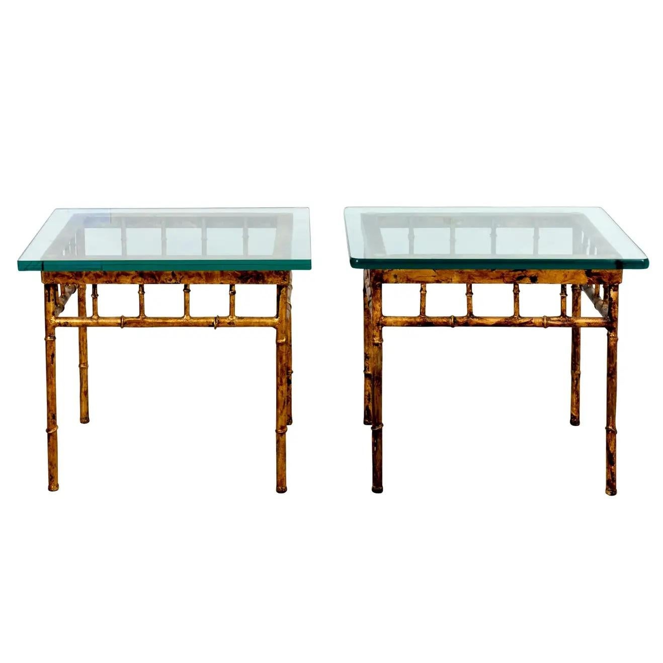 Pair of Square Hollywood Regency Gilt Faux Bamboo Side Tables at 1stDibs