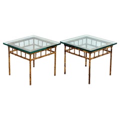 Pair of Square Hollywood Regency Gilt Faux Bamboo Side Tables