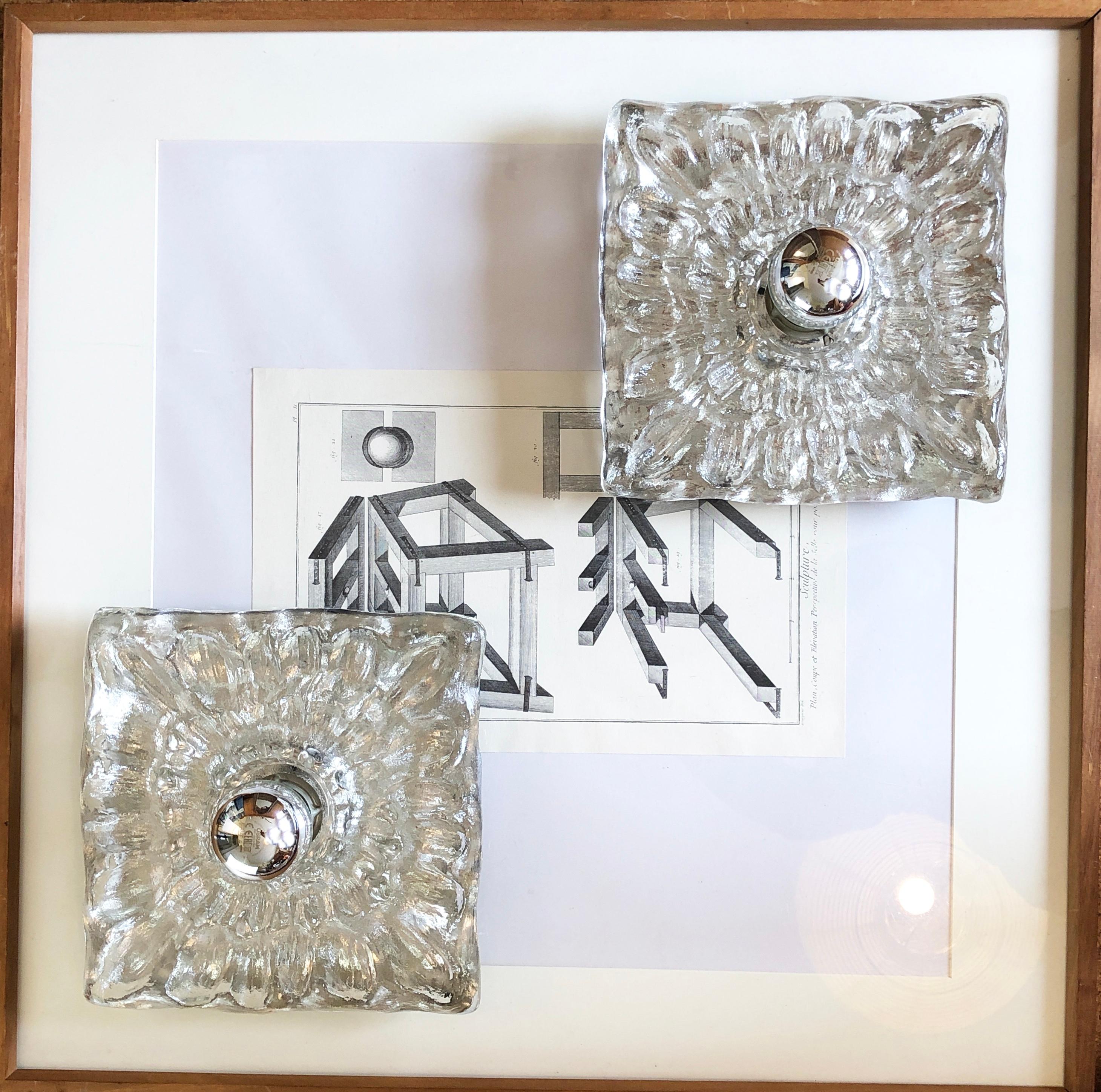 Mid-Century Modern Set of 2 Square Icicle Glass Flush Mount Wall or Ceiling lamps, Germany, 1960s For Sale
