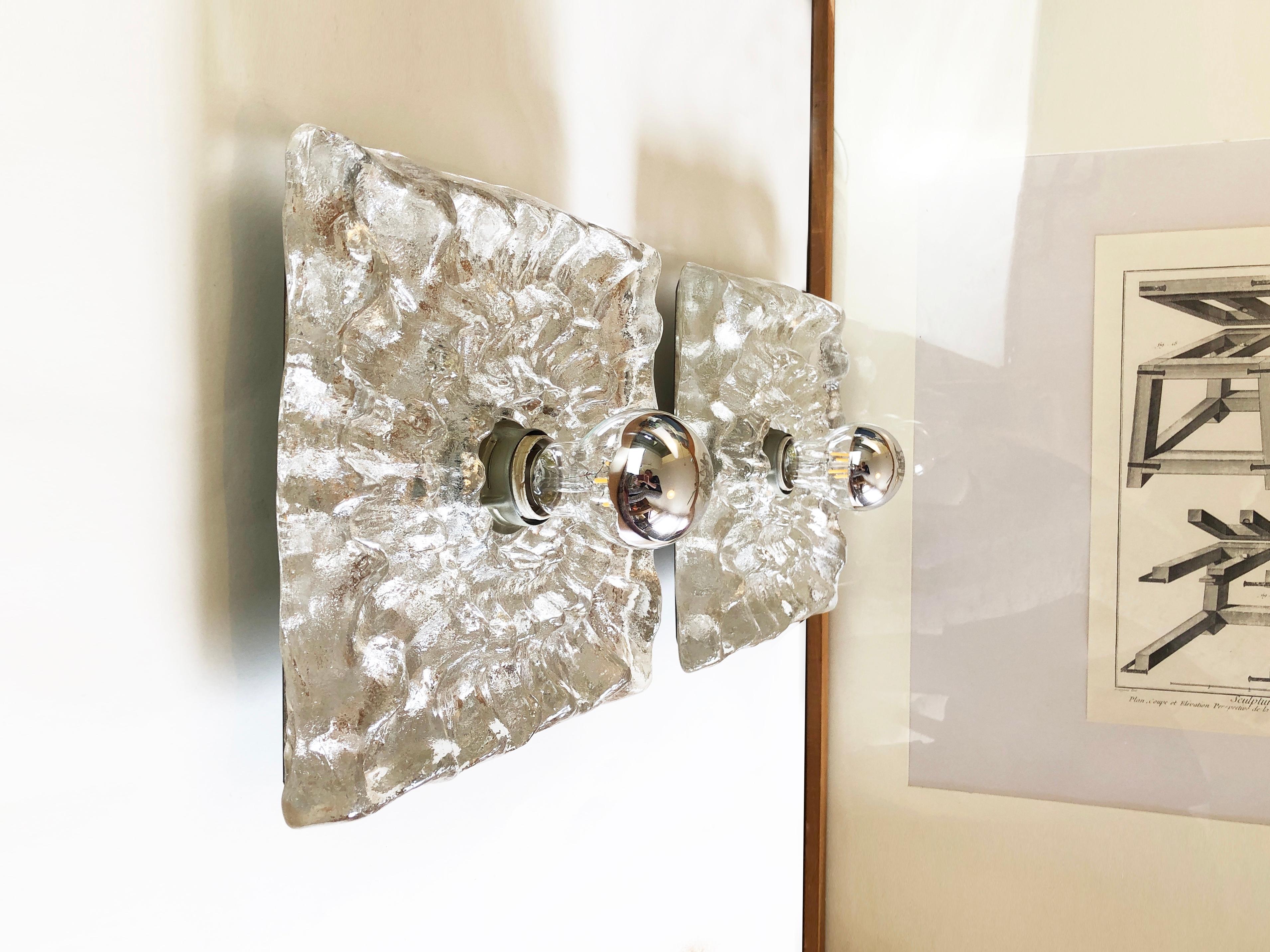 Machine-Made Set of 2 Square Icicle Glass Flush Mount Wall or Ceiling lamps, Germany, 1960s For Sale