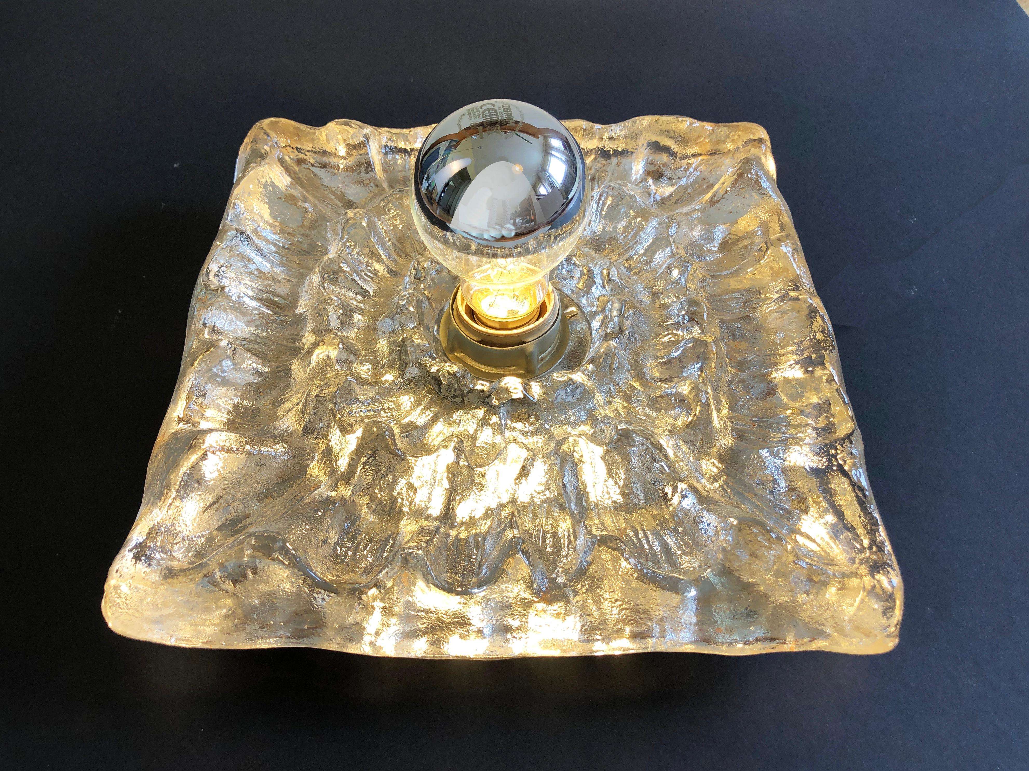 Art Glass Set of 2 Square Icicle Glass Flush Mount Wall or Ceiling lamps, Germany, 1960s For Sale