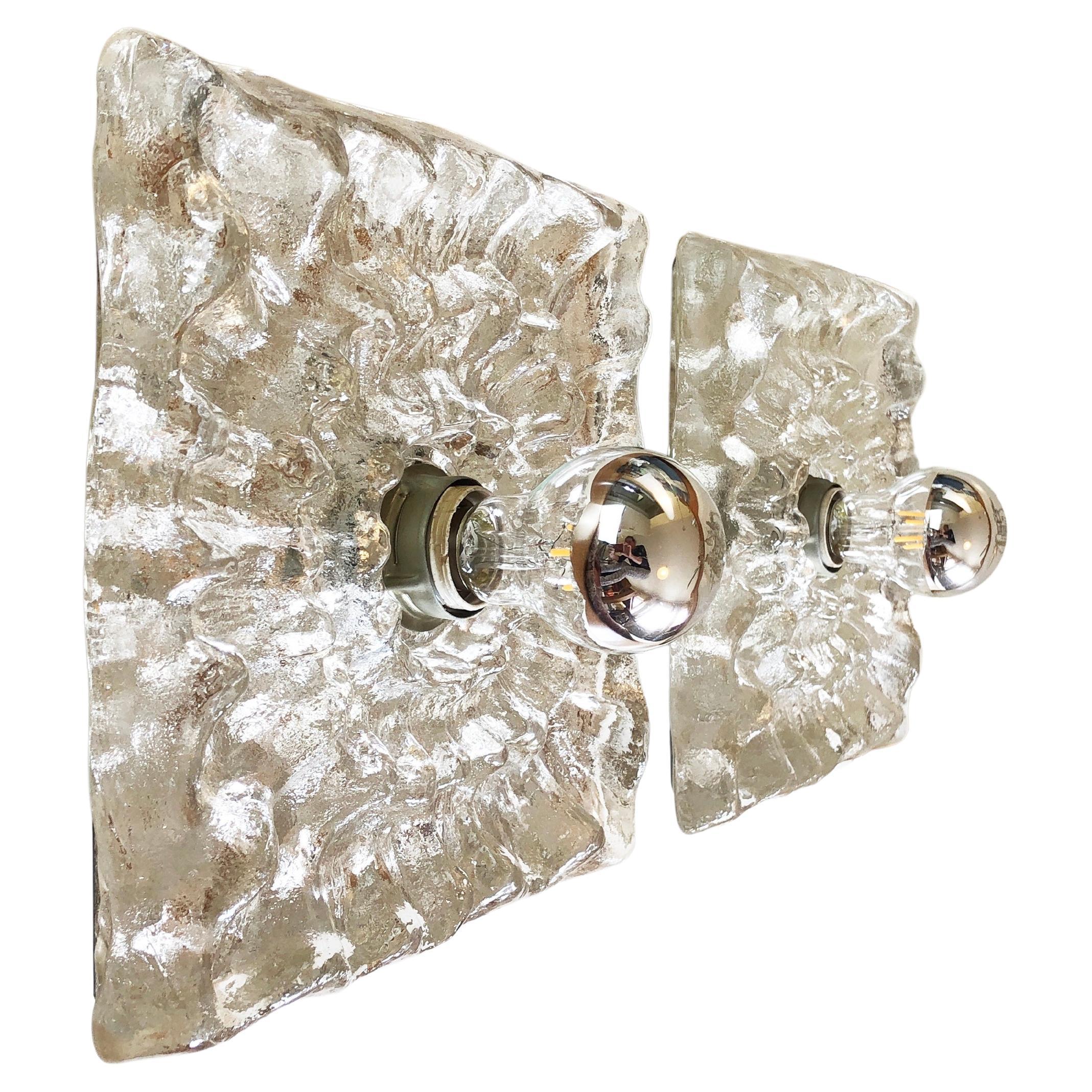 Set of 2 Square Icicle Glass Flush Mount Wall or Ceiling lamps, Germany, 1960s For Sale