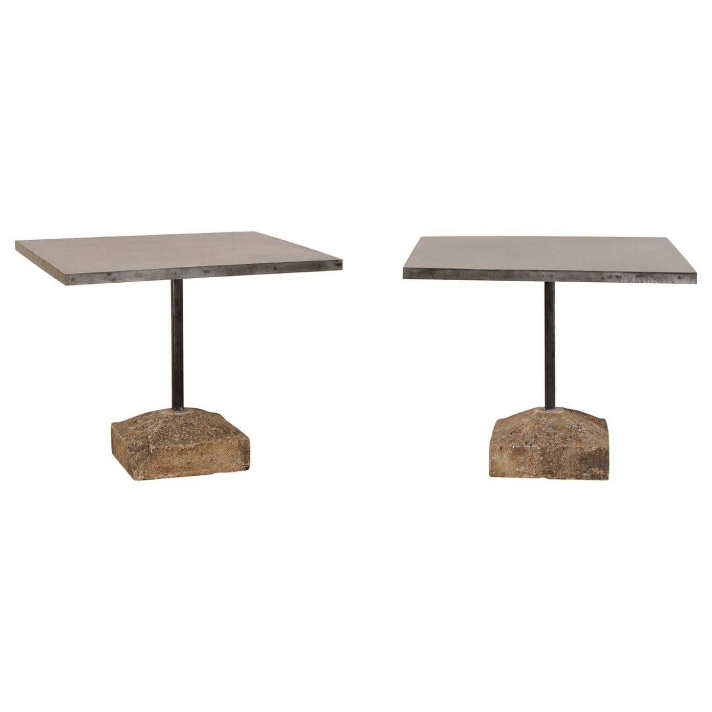 Pair of Square Iron Top and 19th Century Spanish Stone Plinth Base Custom Tables