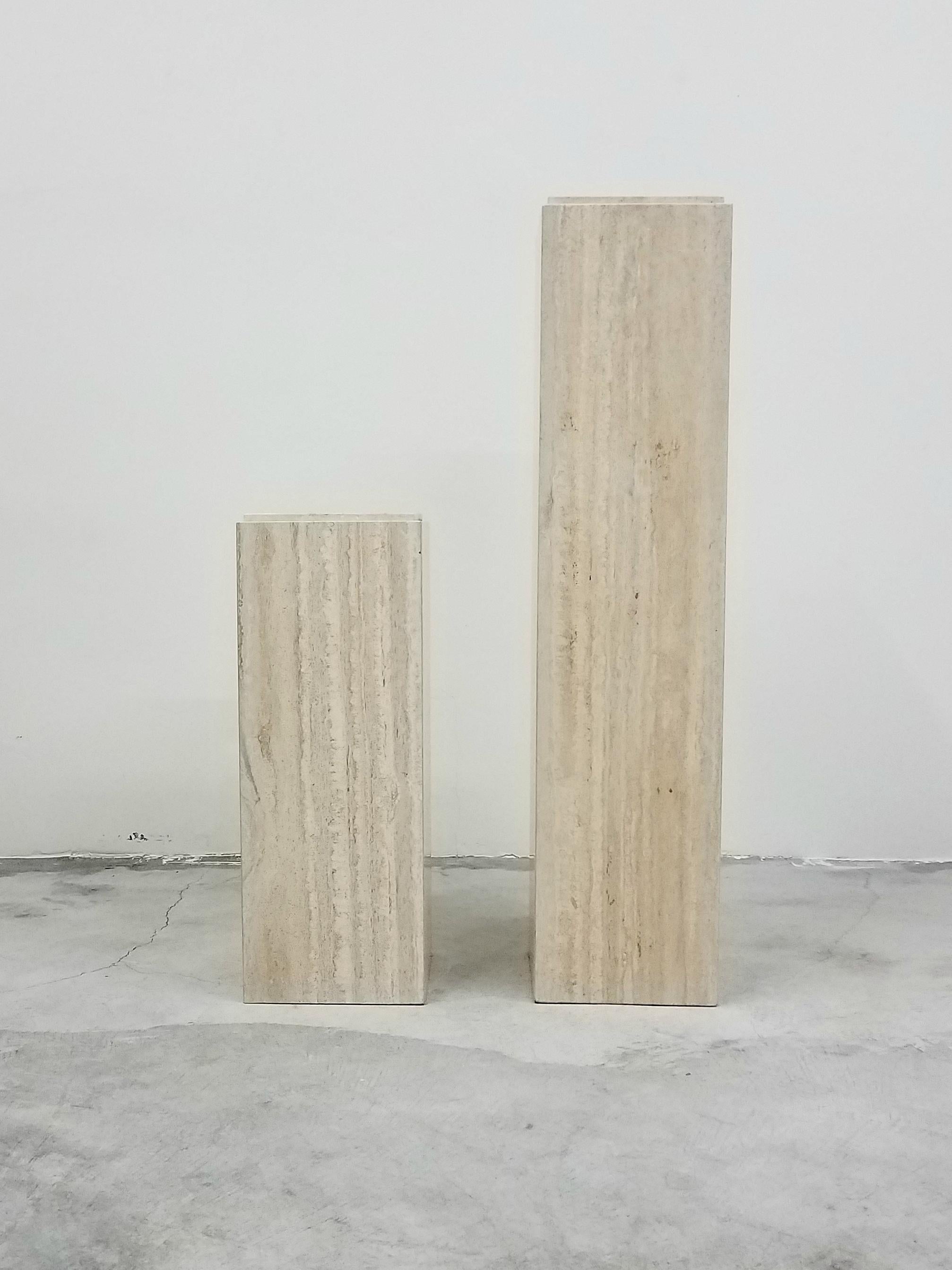Polished Pair of Square Italian Travertine Tiered Display Pedestals