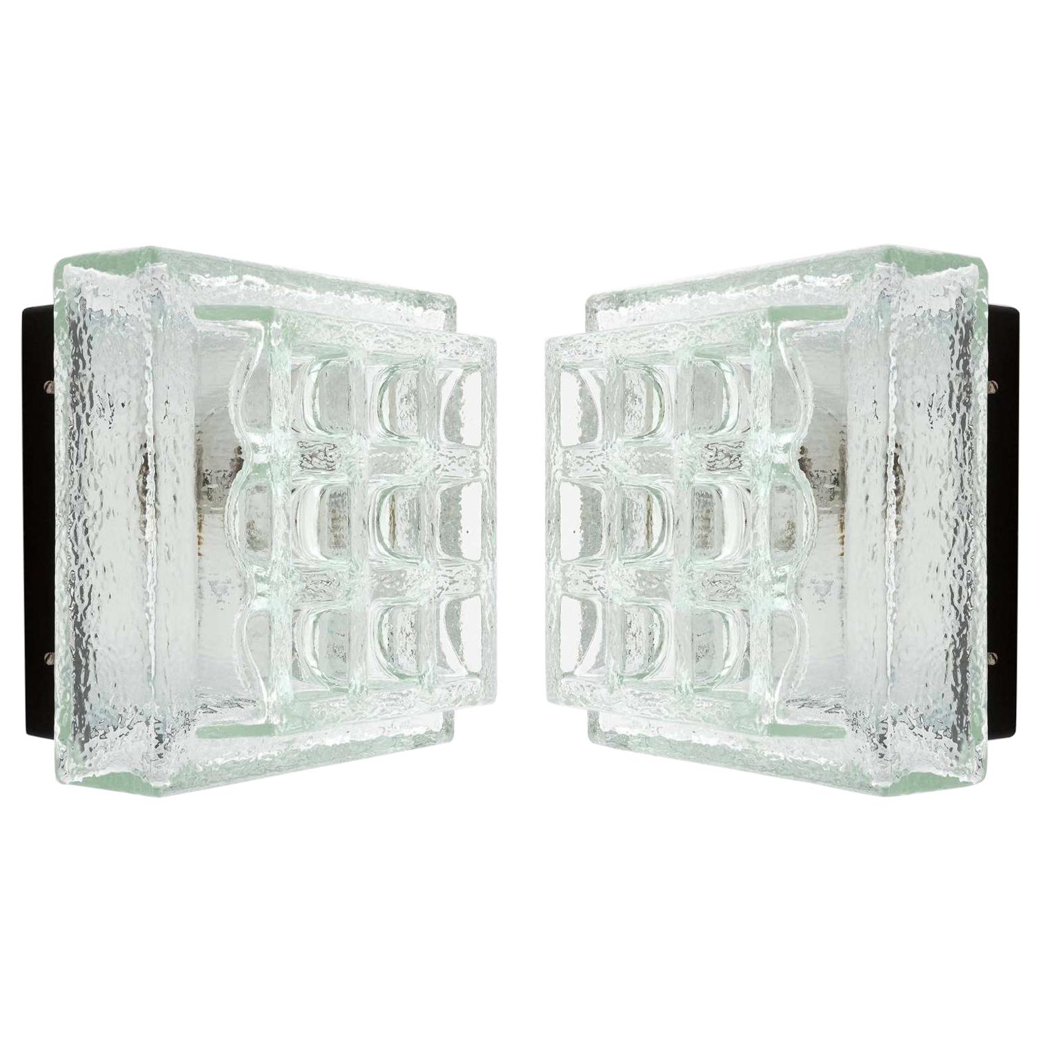 Pair of Square Limburg Sconces Flush Mount Lights, Textured Glass Black Metal For Sale