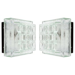 Pair of Square Limburg Sconces Flush Mount Lights, Textured Glass Black Metal
