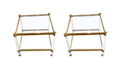 Pair of Square Lucite and Brass  Glass Top Two Tier Coffee Tables, France, 1960s