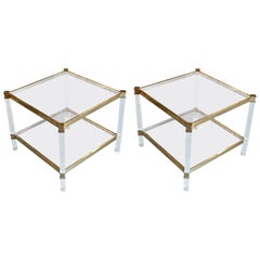 Pair of Square Lucite and Brass  Glass Top Two Tier Coffee Tables, France, 1960s