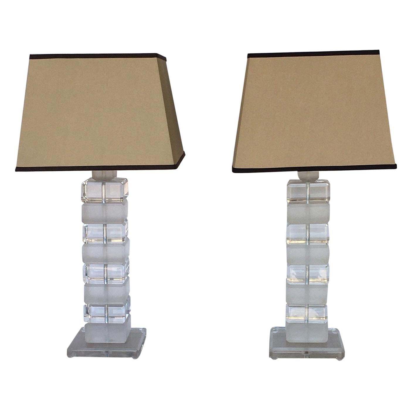 Pair of Square Lucite Table Lamps For Sale