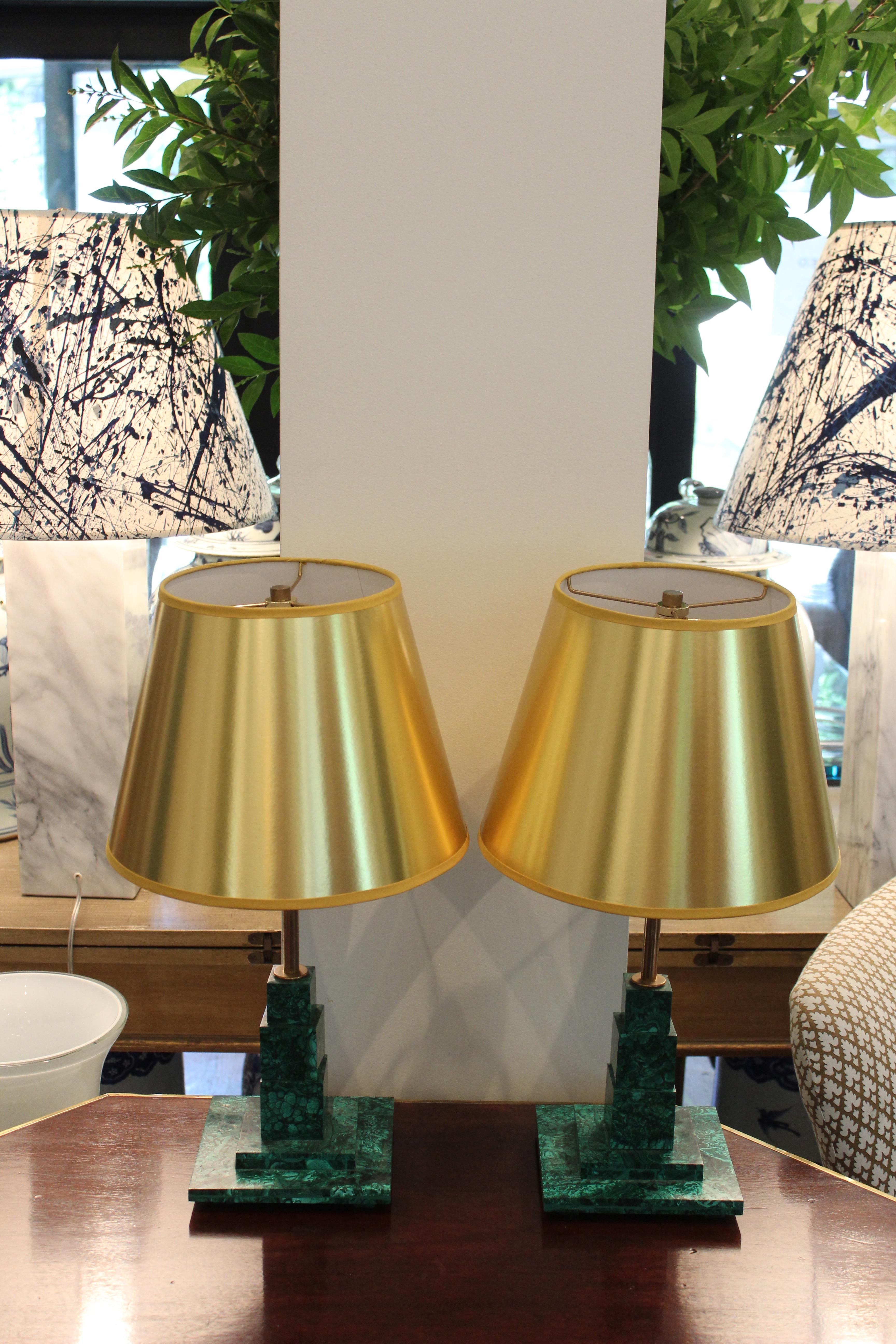 Pair of square malachite table lamps with custom gold shades

Base measures: 6