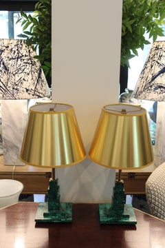Pair of Square Malachite Table Lamps with Gold Shades