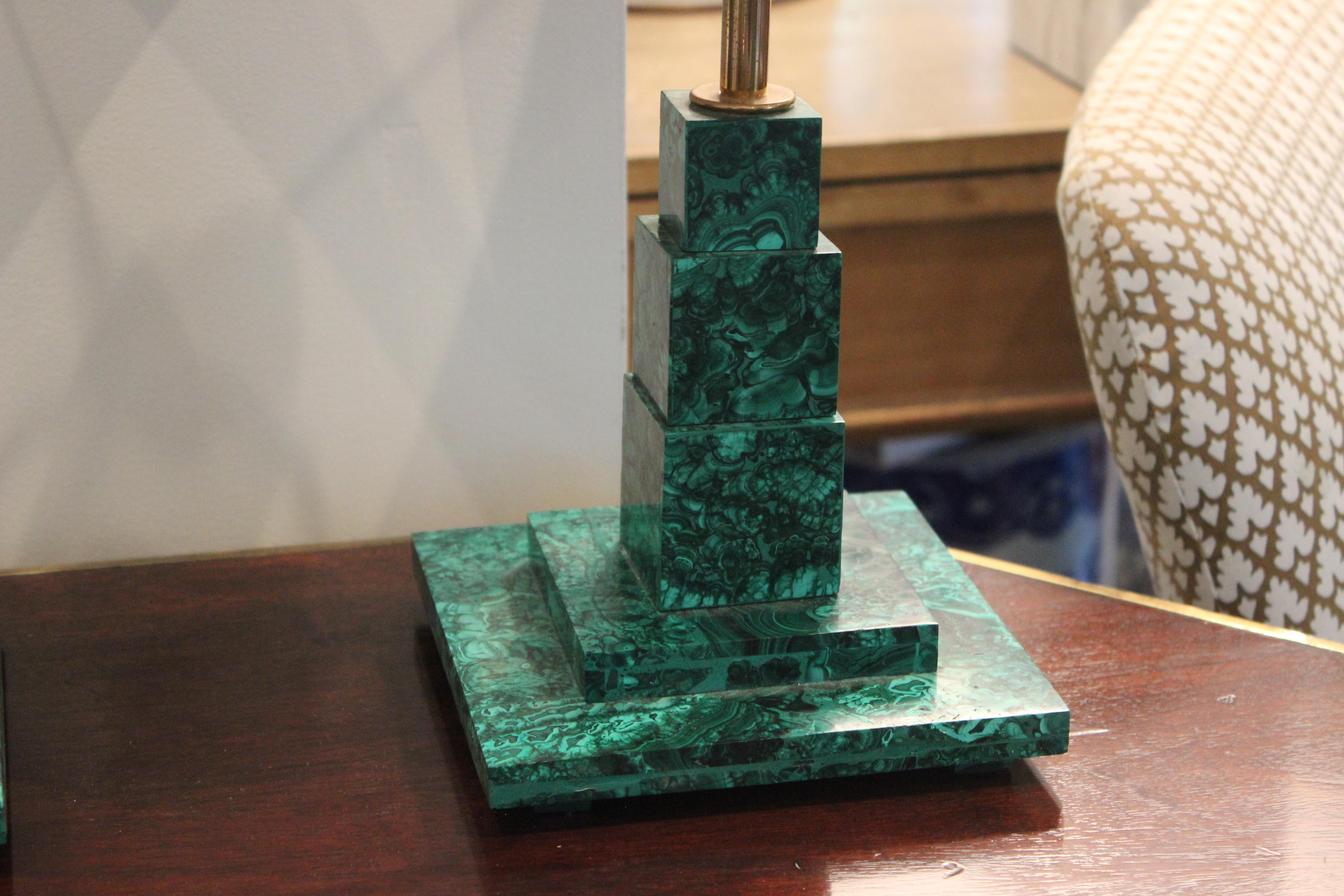 Pair of Square Malachite Table Lamps with Gold Shades In Excellent Condition For Sale In East Hampton, NY